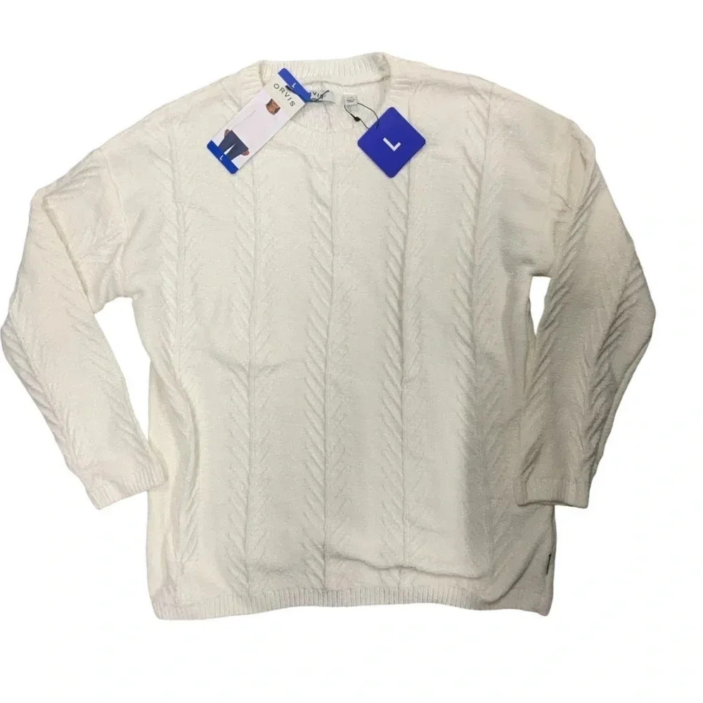 NWT ORVIS Sweater Womens‎ Large Chenille Textured Knit Rib Trim Pullover Cream